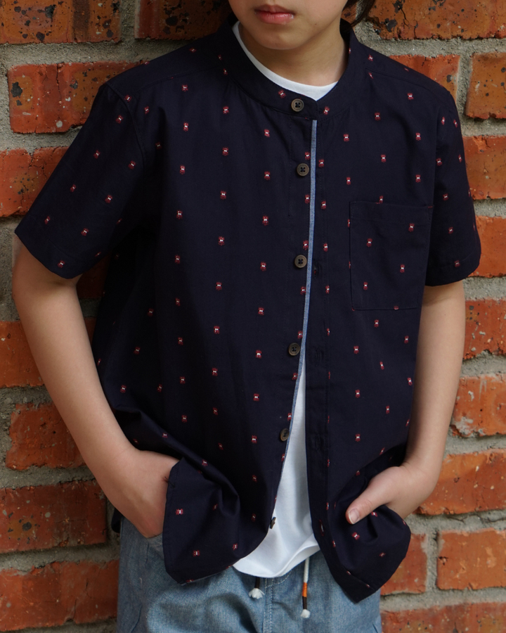 Poney Boys Navy Jacquard Mandarin Collar Short Sleeve Shirt