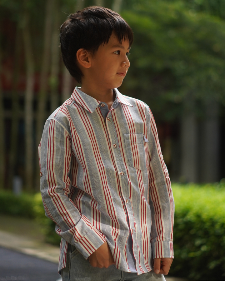 Poney Boys White Yarn Dyed Stripes Long Sleeve Shirt