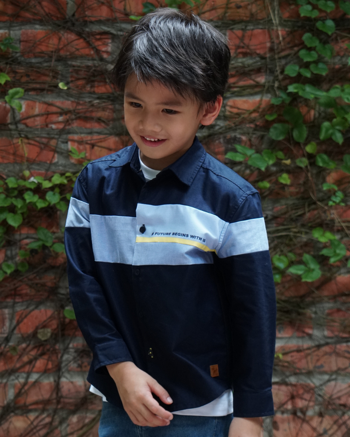 Poney Boys Navy Oxford Color Blocking Long Sleeve Shirt