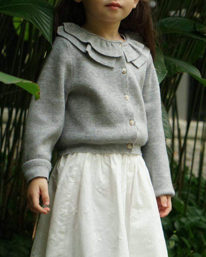 Poney Girls Melange Flat Knit Ruffled Neck Cardigan