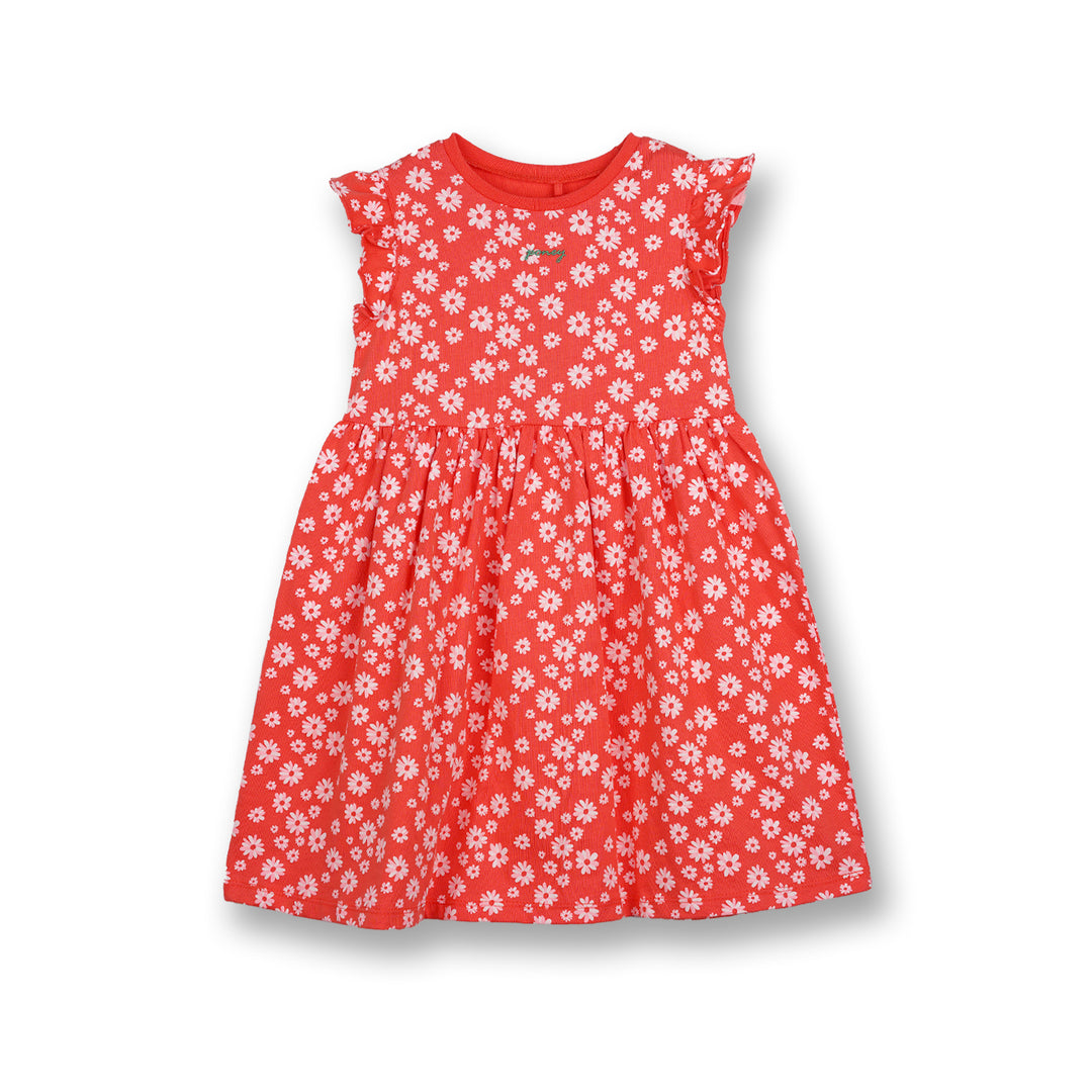 Poney Girls Red Daisy White Flowers Short Sleeve Dress