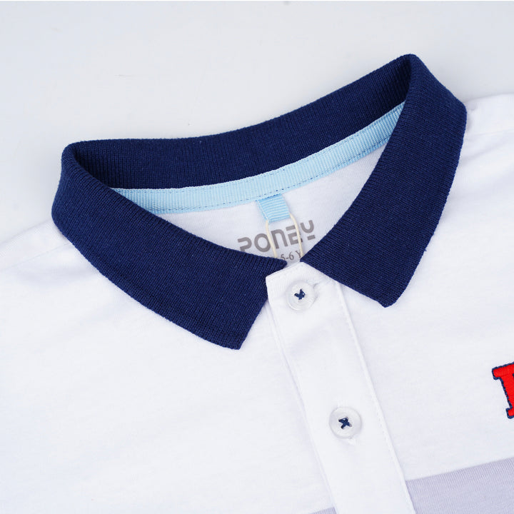 Poney Boys White Cut & Sew Navy Short Sleeve Polo