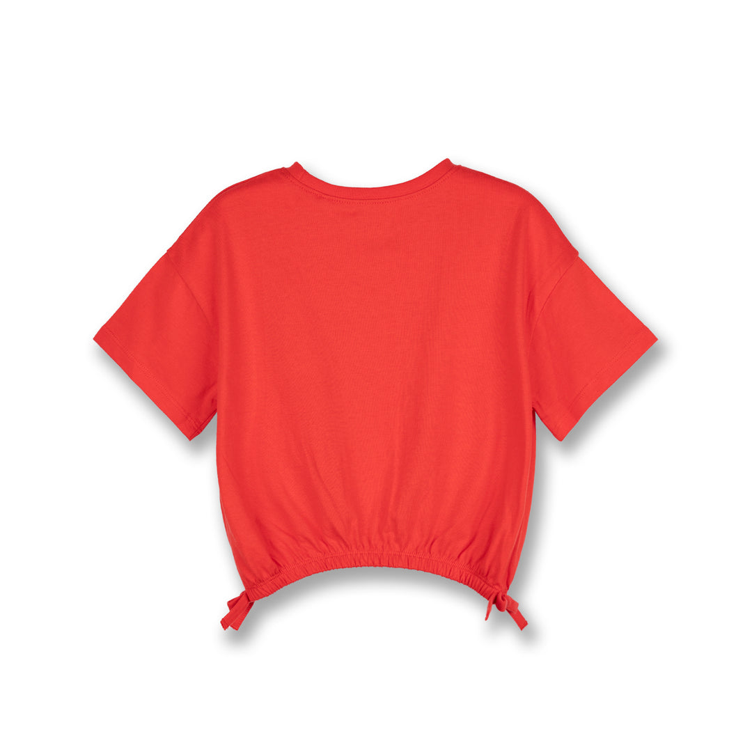 Poney Girls Red Gathered Logo Short Sleeve Tee