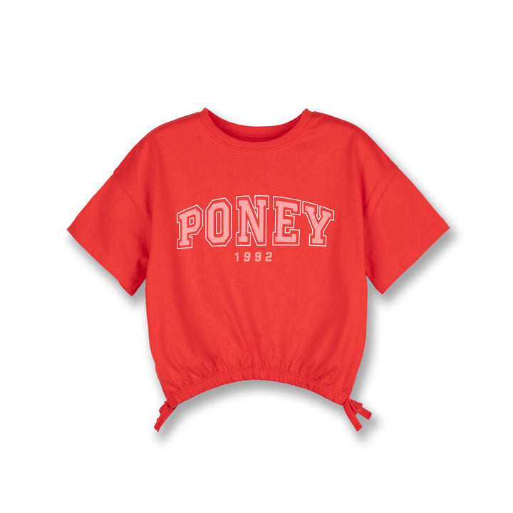 Poney Girls Red Gathered Logo Short Sleeve Tee