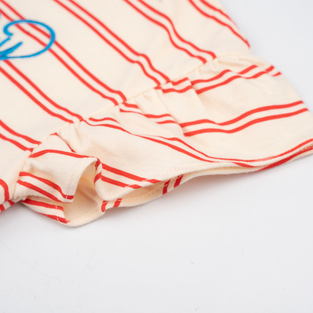 Poney Girls Cream Ruffled Red Stripes Short Sleeve Tee