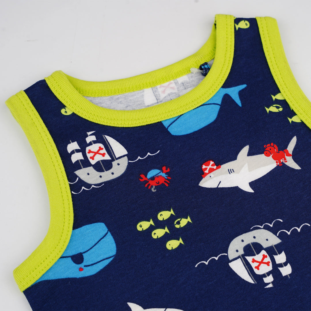 Poney Baby Boys Navy Sharks And Ships Sleeveless Tee