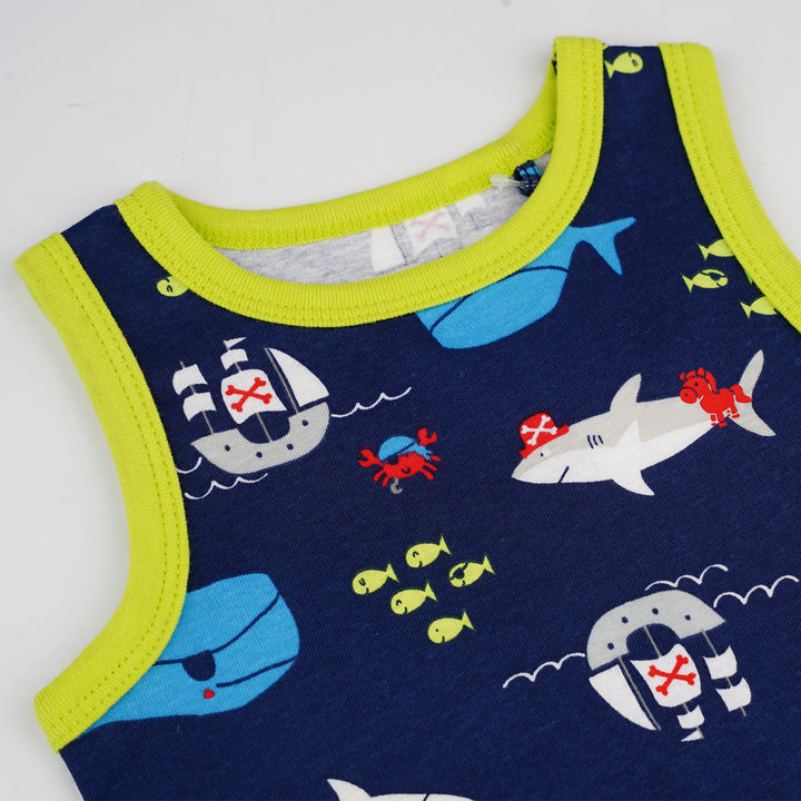 Poney Baby Boys Navy Sharks And Ships Sleeveless Tee