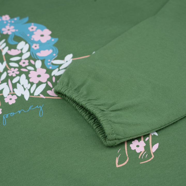 Poney Girls Green Unicorn Of Flowers Long Sleeve Tee