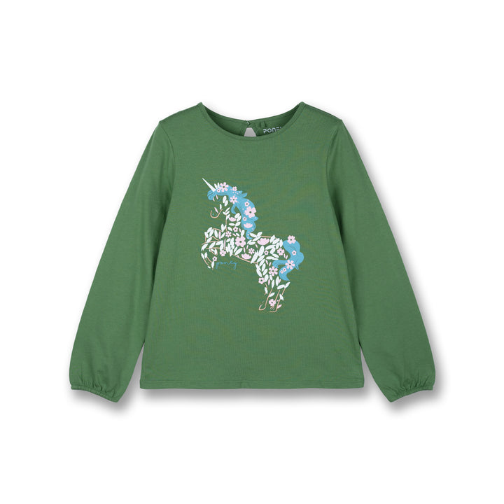 Poney Girls Green Unicorn Of Flowers Long Sleeve Tee
