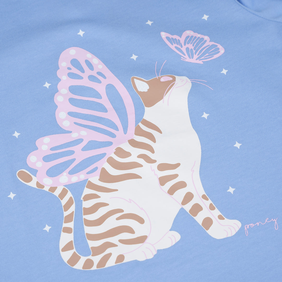 Poney Girls Blue Butterfly Kitty Cat Long Sleeve Tee