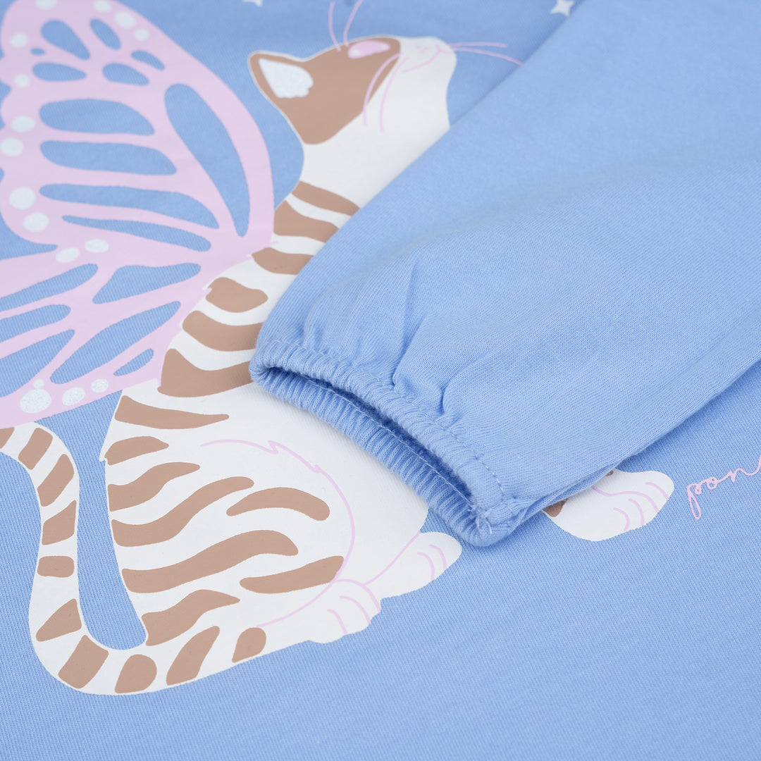 Poney Girls Blue Butterfly Kitty Cat Long Sleeve Tee