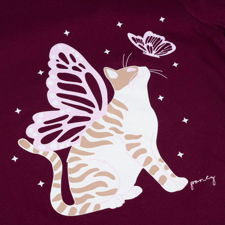 Poney Girls Maroon Butterfly Kitty Cat Long Sleeve Tee
