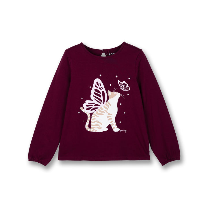 Poney Girls Maroon Butterfly Kitty Cat Long Sleeve Tee