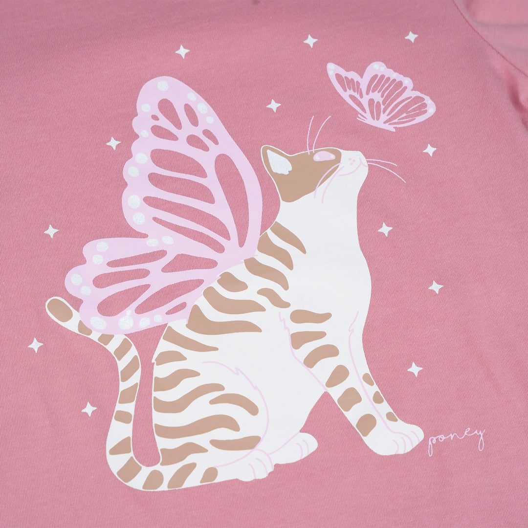 Poney Girls Pink Butterfly Kitty Cat Long Sleeve Tee