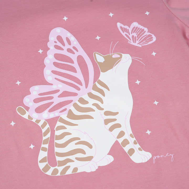 Poney Girls Pink Butterfly Kitty Cat Long Sleeve Tee