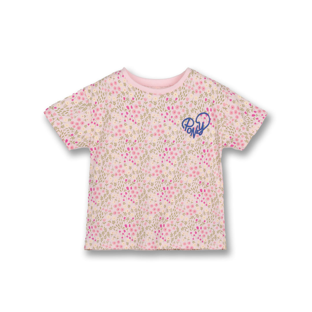 Poney Girls Light Pink Flower-filled Short Sleeve Tee