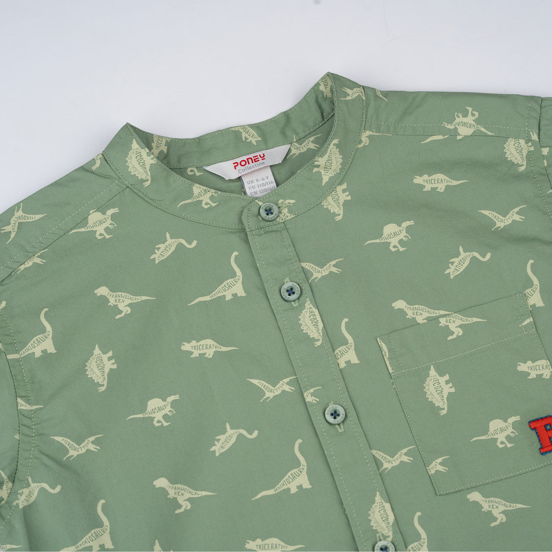 Poney Boys Green Dinosaur Short Sleeve Shirt