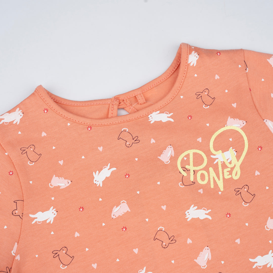 Poney Girls Orange Playful Bunnies Short Sleeve Tee