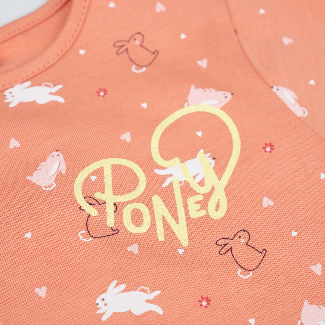 Poney Girls Orange Playful Bunnies Short Sleeve Tee