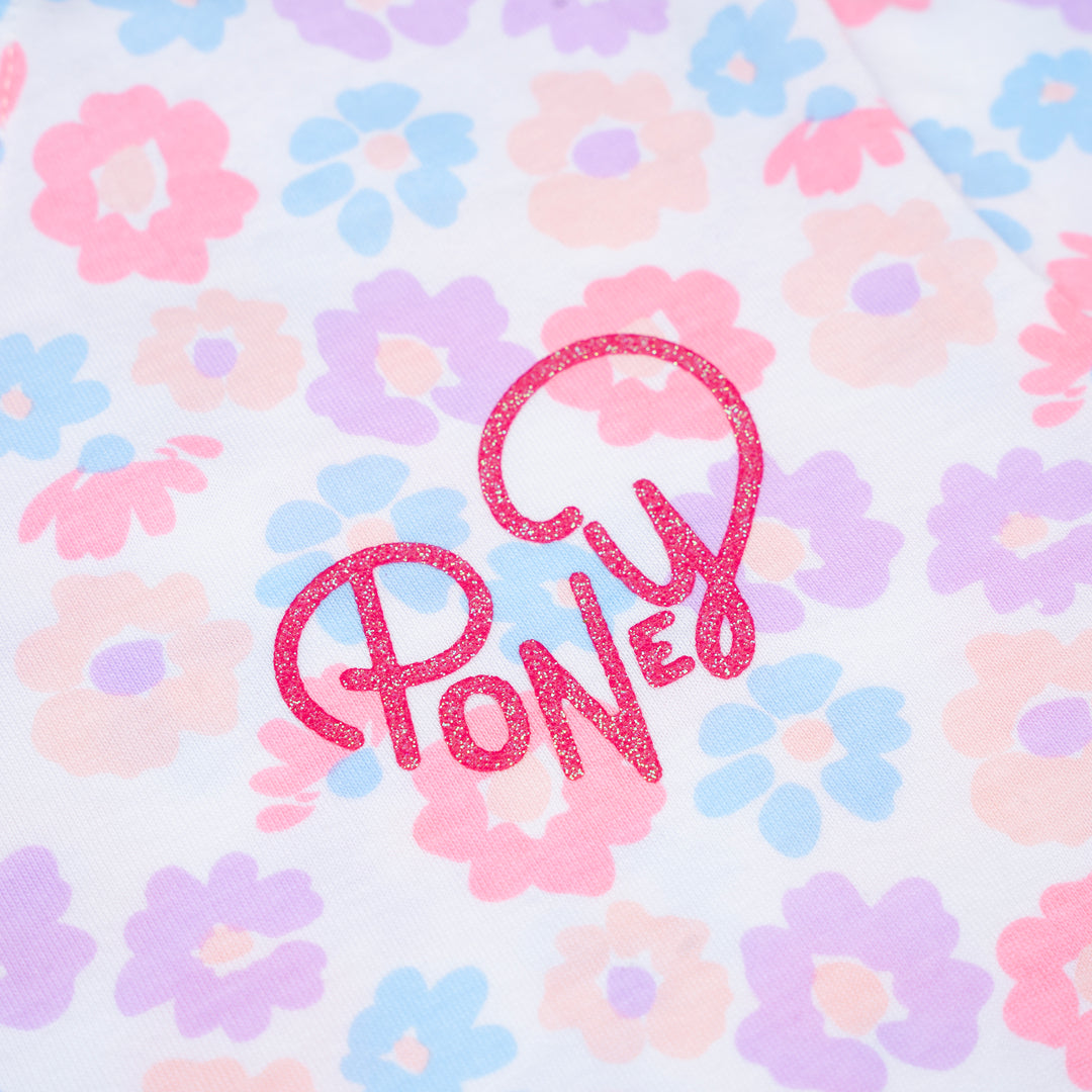 Poney Girls White Whimsical Flowers Short Sleeve Tee