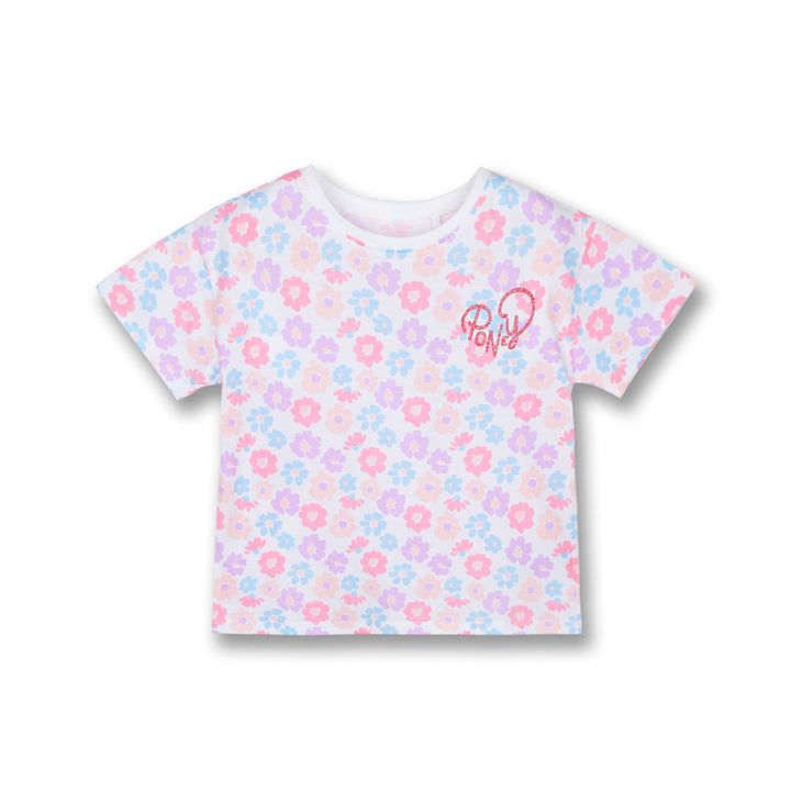 Poney Girls White Whimsical Flowers Short Sleeve Tee