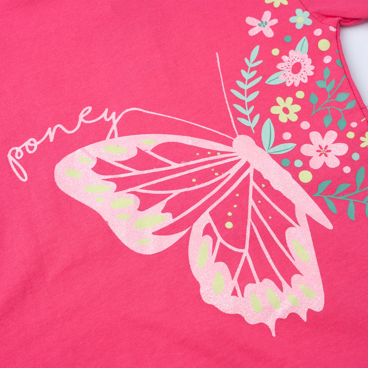 Poney Girls Fuchsia Flowery Butterfly Short Sleeve Top