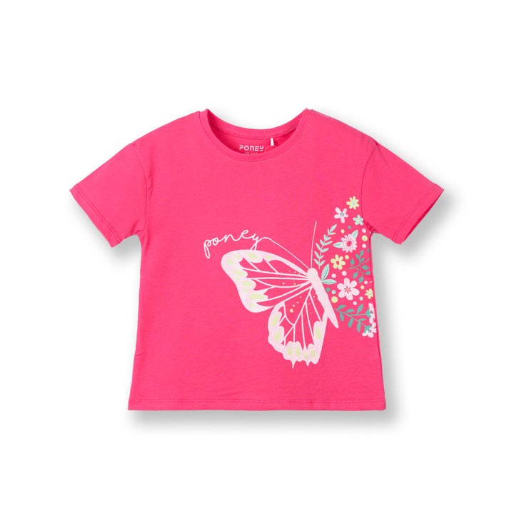 Poney Girls Fuchsia Flowery Butterfly Short Sleeve Top