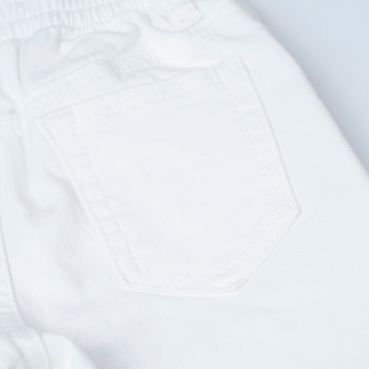 White Zip-Up Twill Brush Long Pants