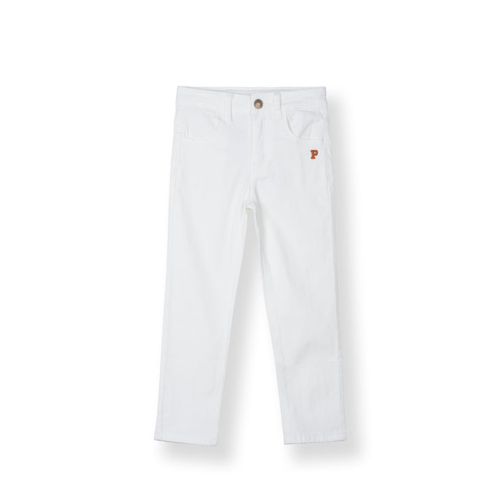 White Zip-Up Twill Brush Long Pants