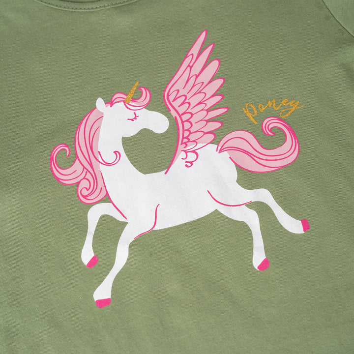 Poney Girls Green Flying Unicorn Long Sleeve Tee