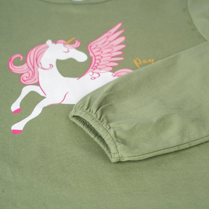 Poney Girls Green Flying Unicorn Long Sleeve Tee