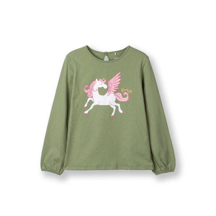 Poney Girls Green Flying Unicorn Long Sleeve Tee