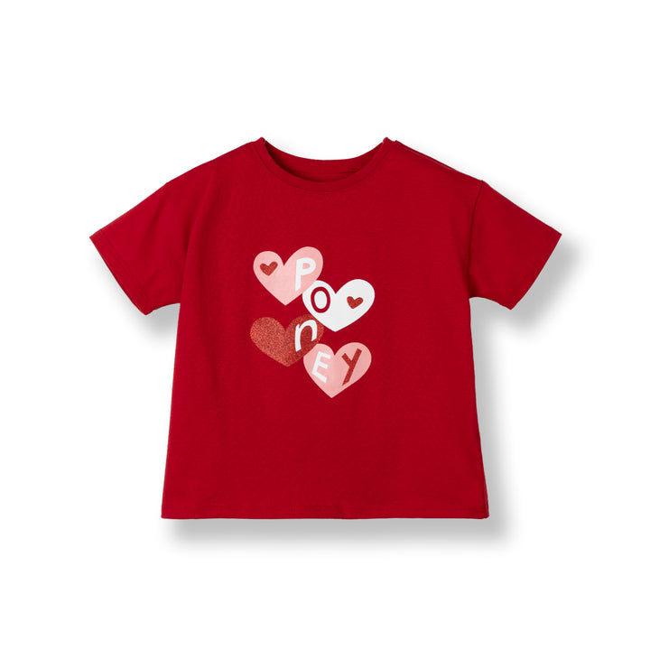 Poney Girls Red Heart-shaped Poney Logo Short Sleeve Tee