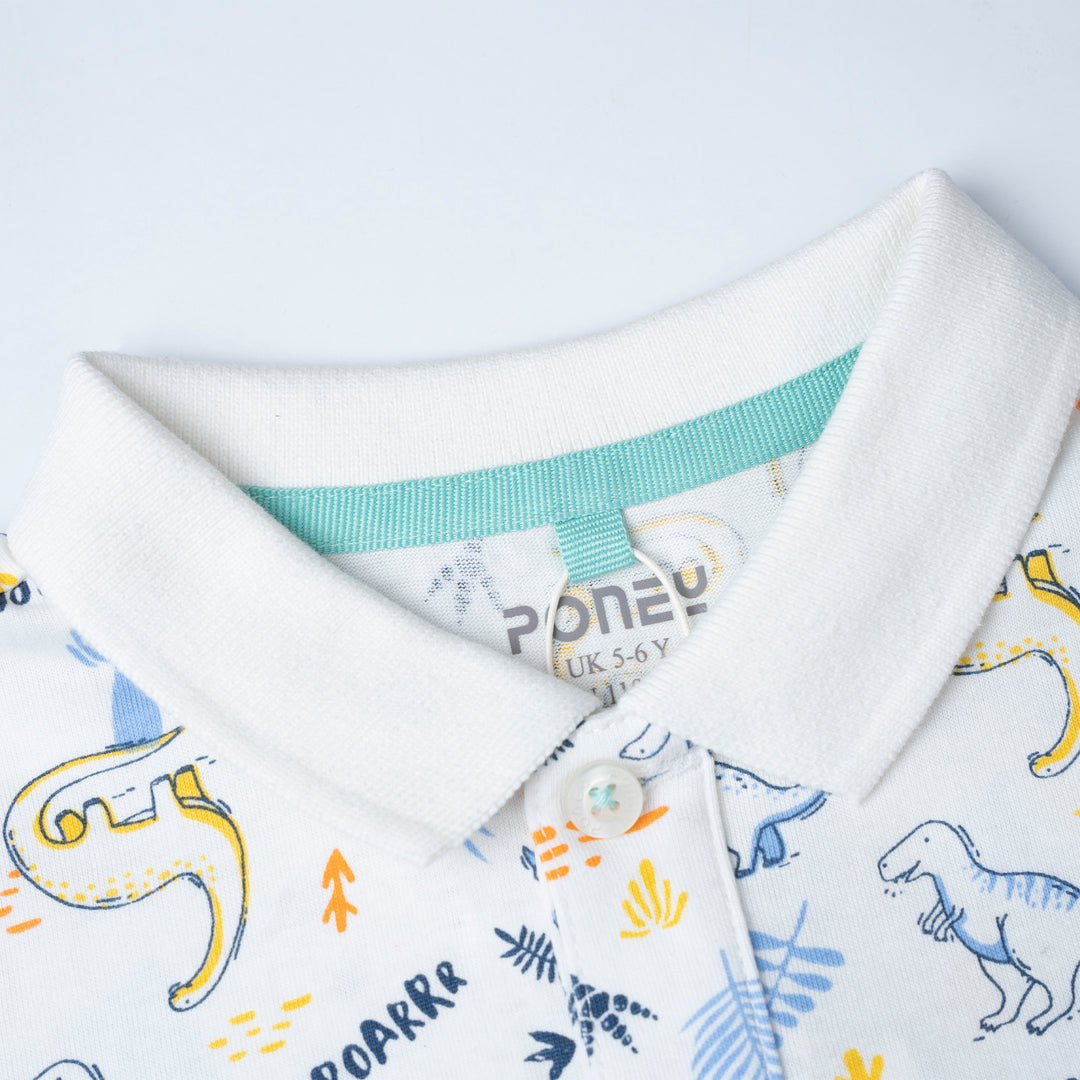 Boys White Dino Roarrr Short Sleeve Polo