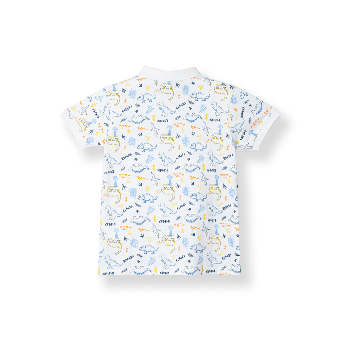 Boys White Dino Roarrr Short Sleeve Polo