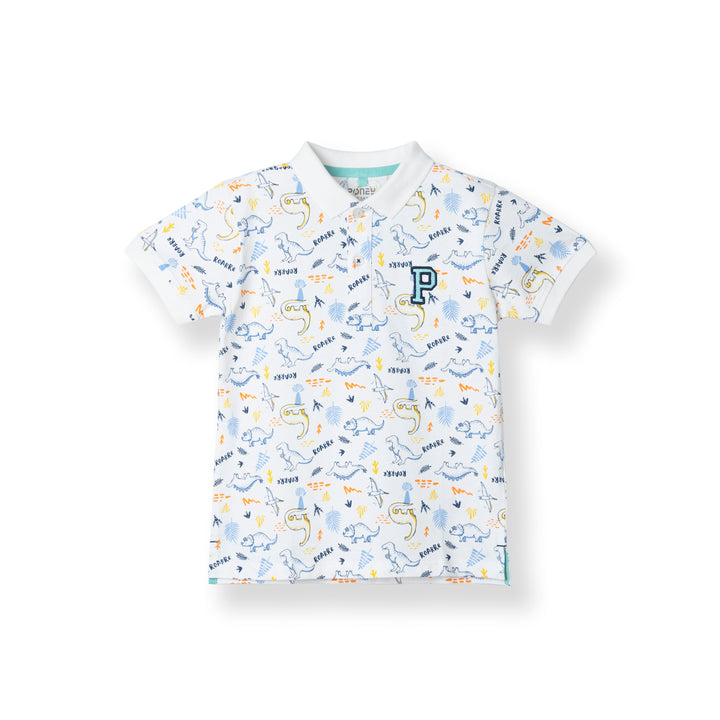 Boys White Dino Roarrr Short Sleeve Polo