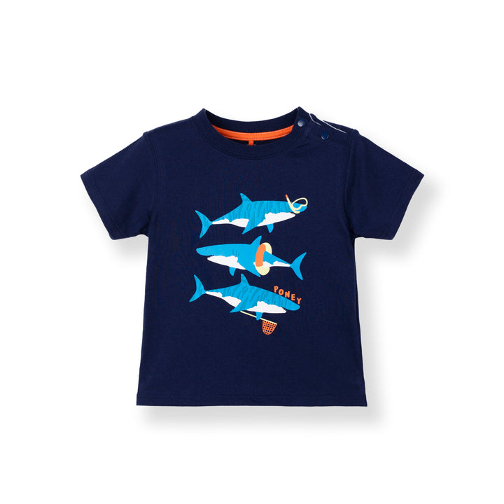 Poney Baby Boys Navy Shark Trio Squad! Short Sleeve Tee