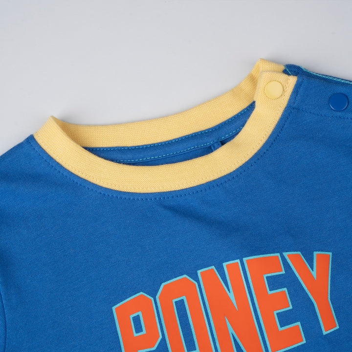 Poney Baby Boys Blue Contrast Ribbed Collar and Sleeves Short Sleeve Tee