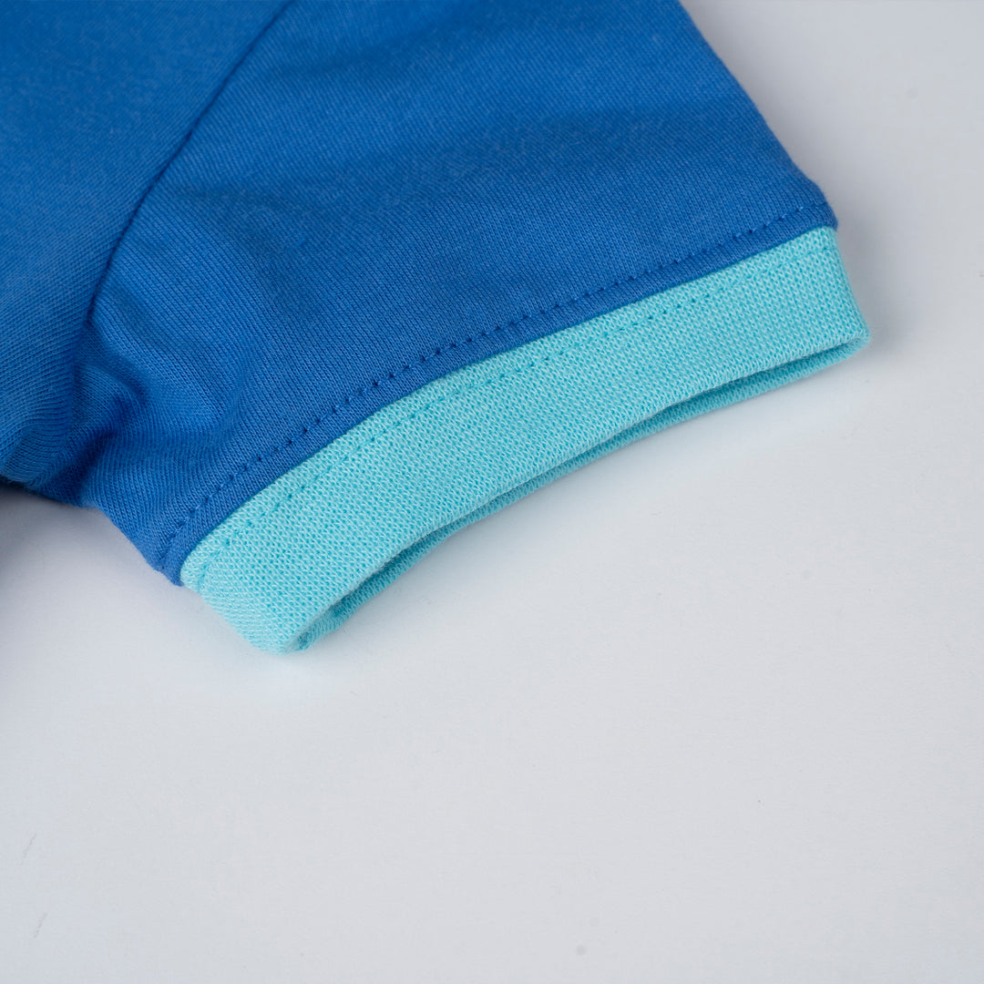 Poney Baby Boys Blue Contrast Ribbed Collar and Sleeves Short Sleeve Tee