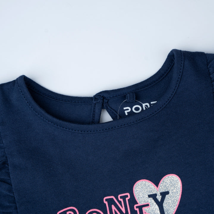 Poney Girls Navy Glittery Poney Logo Short Sleeve Dress