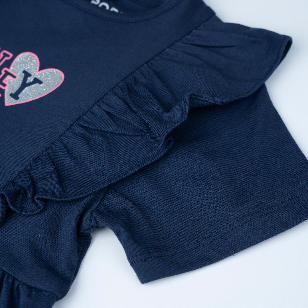 Poney Girls Navy Glittery Poney Logo Short Sleeve Dress