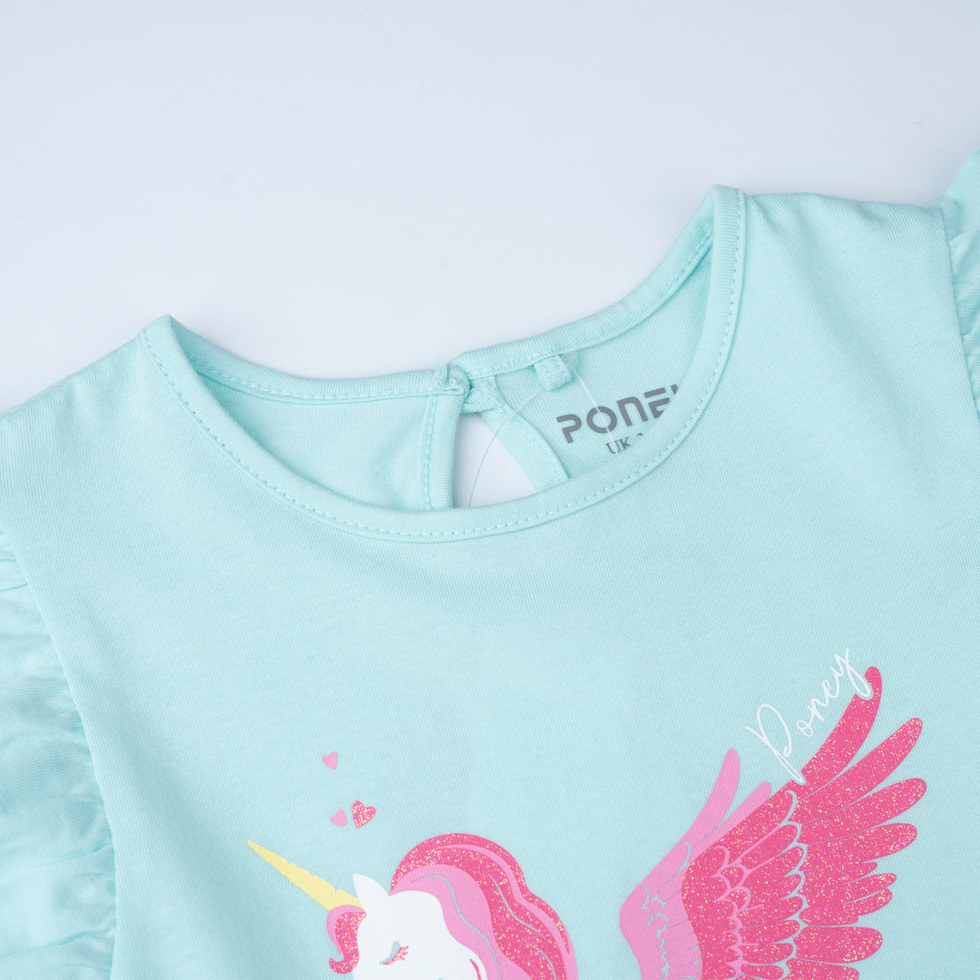 Poney Girls Baby Turquoise Minty Unicorn Short Sleeve Dress