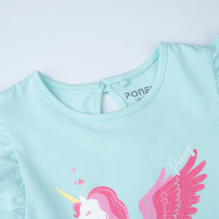 Poney Girls Baby Turquoise Minty Unicorn Short Sleeve Dress
