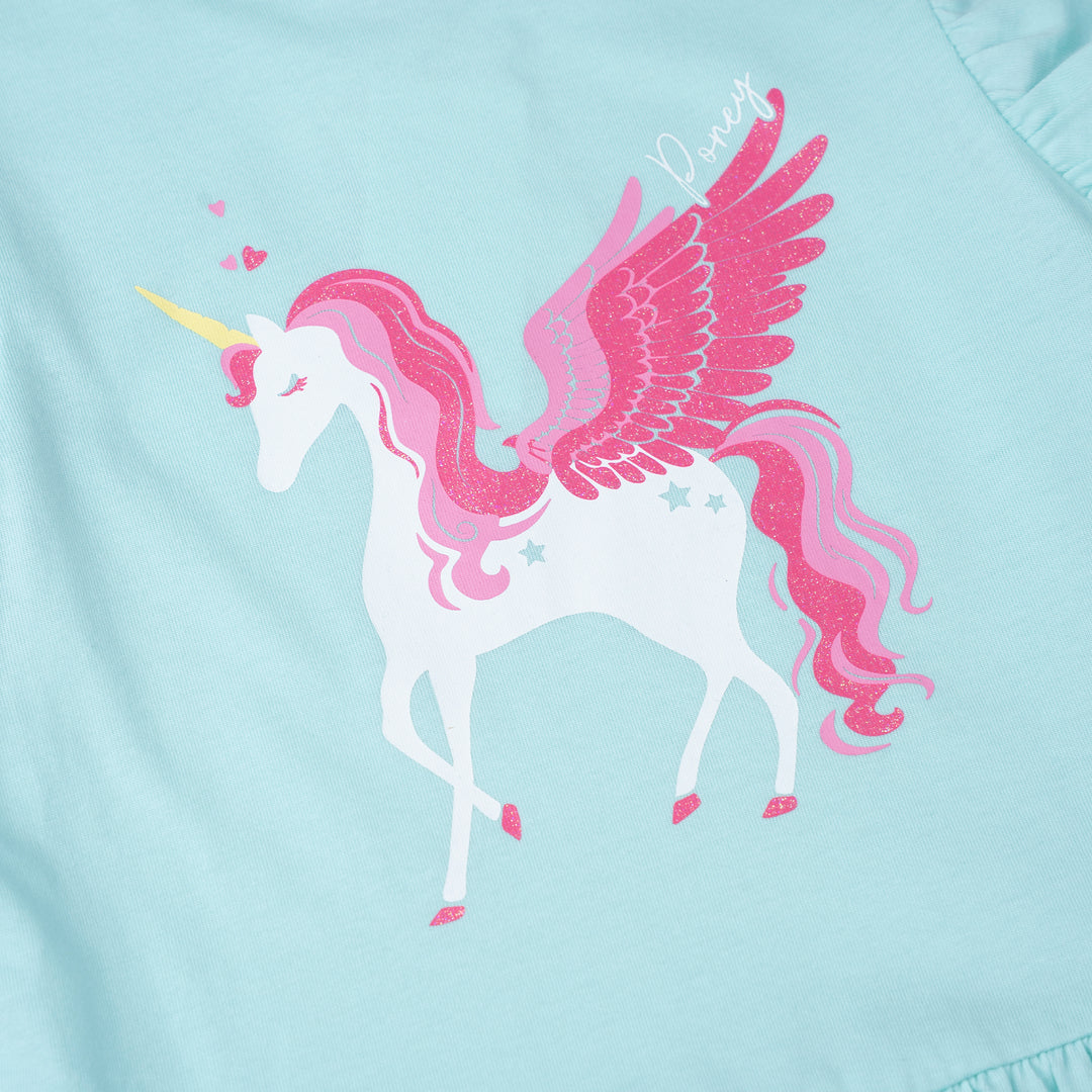 Poney Girls Turquoise Minty Unicorn Short Sleeve Dress