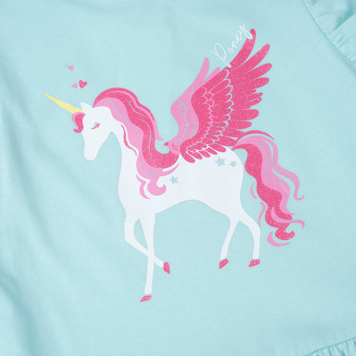 Poney Girls Baby Turquoise Minty Unicorn Short Sleeve Dress