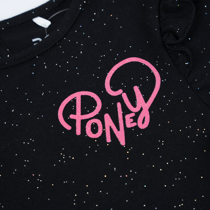 Poney Girls Celeste Black Ruffle Shoulder Long Sleeve Tee