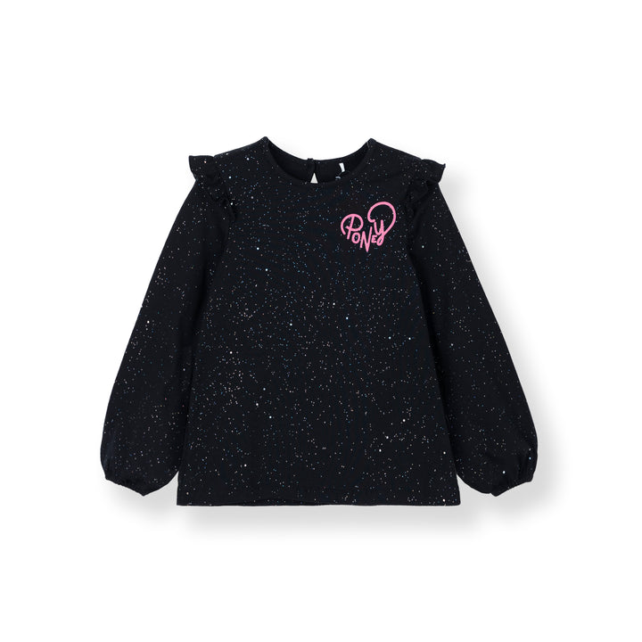 Poney Girls Celeste Black Ruffle Shoulder Long Sleeve Tee