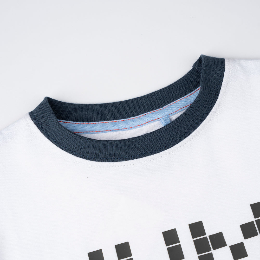 Poney Boys White Ribbed Crew Neck Colorful Graphic Print- Mum's Boy Short Sleeve Tee