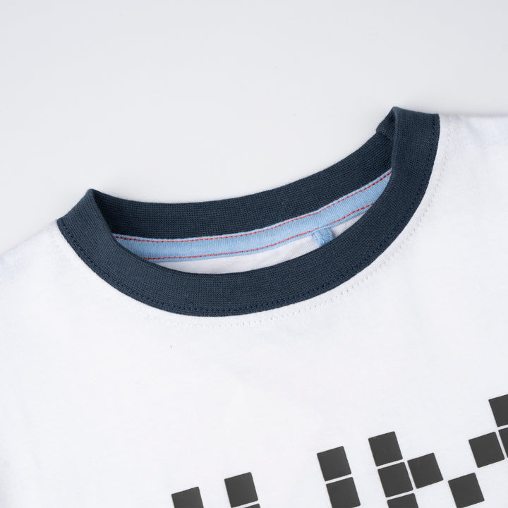 Poney Boys White Ribbed Crew Neck Colorful Graphic Print- Mum's Boy Short Sleeve Tee