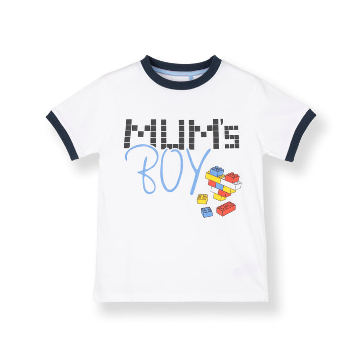 Poney Boys White Ribbed Crew Neck Colorful Graphic Print- Mum's Boy Short Sleeve Tee